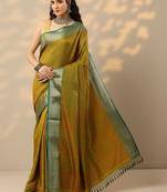 mustard woven design kanjeevaram saree with unstitched blouse piece