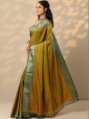 mustard woven design kanjeevaram saree with unstitched blouse piece 2