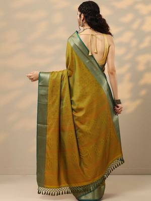mustard woven design kanjeevaram saree with unstitched blouse piece 3