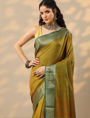 mustard woven design kanjeevaram saree with unstitched blouse piece 4