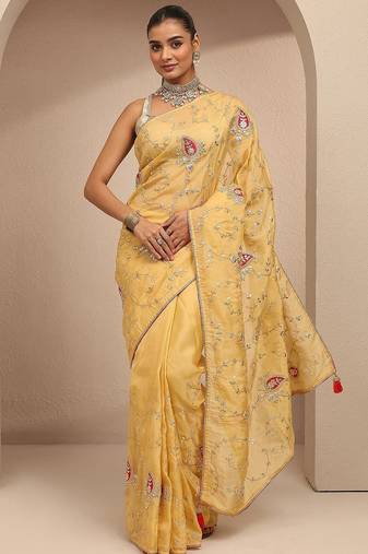 lime green embroidered saree with unstitched blouse piece