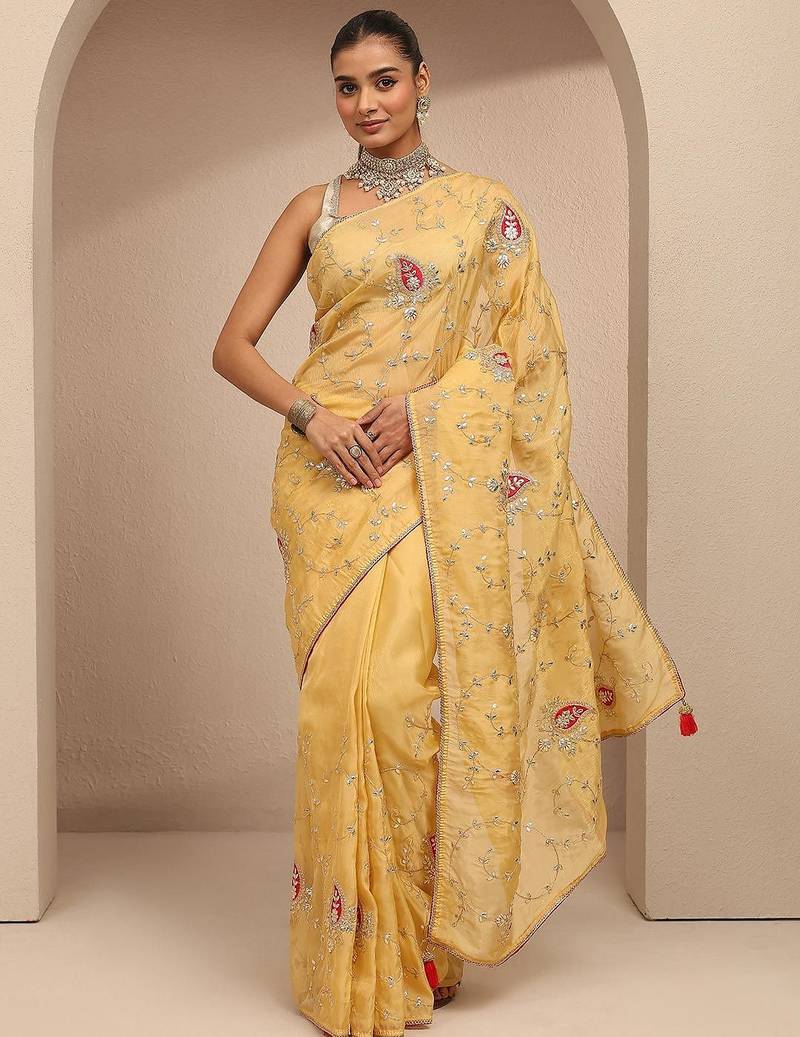 lime green embroidered saree with unstitched blouse piece
