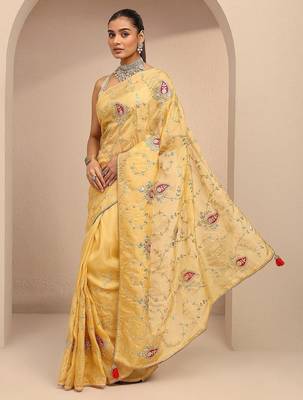 lime green embroidered saree with unstitched blouse piece 2