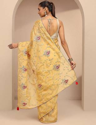 lime green embroidered saree with unstitched blouse piece 3