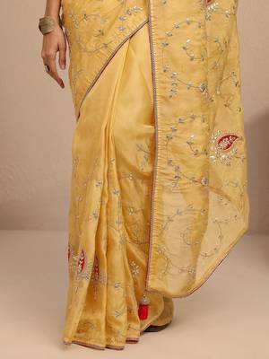 lime green embroidered saree with unstitched blouse piece 5