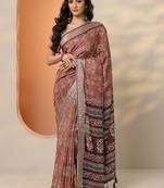 maroon printed saree with unstitched blouse piece