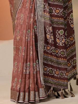 maroon printed saree with unstitched blouse piece 3