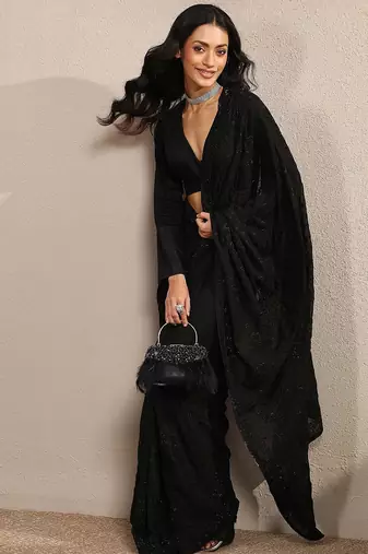 black embroidered saree with unstitched blouse piece