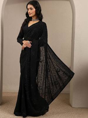 black embroidered saree with unstitched blouse piece 2