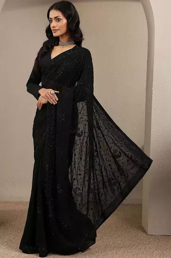 black embroidered saree with unstitched blouse piece