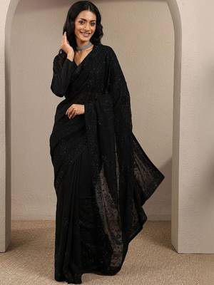 black embroidered saree with unstitched blouse piece 4