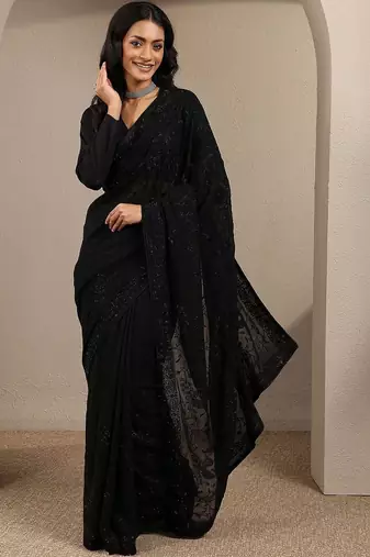 black embroidered saree with unstitched blouse piece