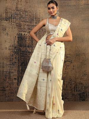 cream woven design saree with unstitched blouse piece 1