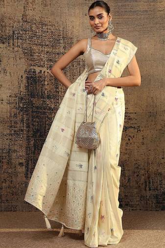 cream woven design saree with unstitched blouse piece