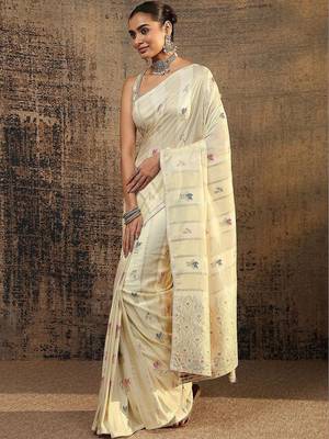 cream woven design saree with unstitched blouse piece 5