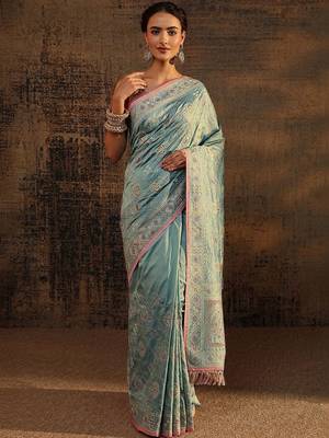 sea green ethnic motifs embroidered saree with unstitched blouse piece 1