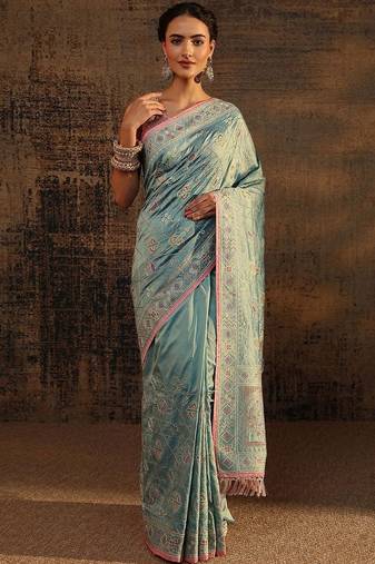 sea green ethnic motifs embroidered saree with unstitched blouse piece