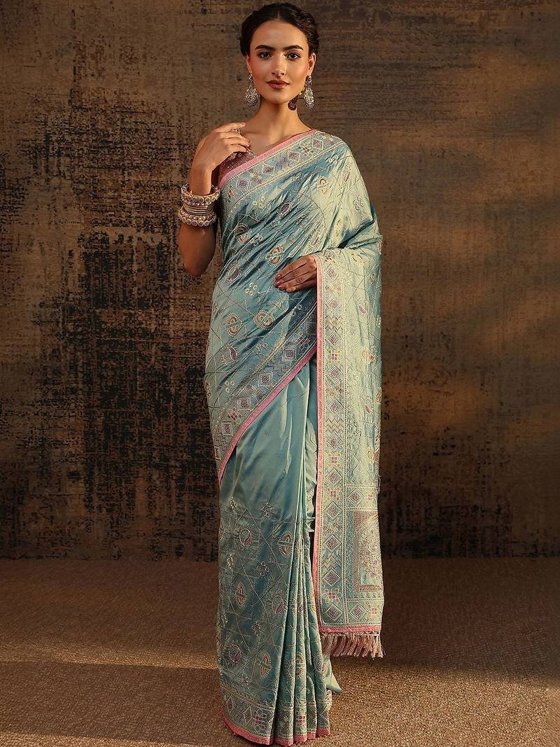 sea green ethnic motifs embroidered saree with unstitched blouse piece