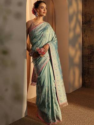 sea green ethnic motifs embroidered saree with unstitched blouse piece 2