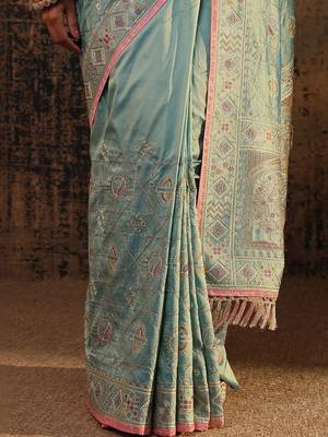 sea green ethnic motifs embroidered saree with unstitched blouse piece 3