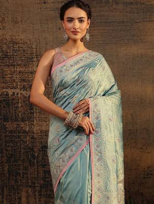 sea green ethnic motifs embroidered saree with unstitched blouse piece 4