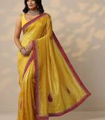 yellow embellished organza sarees with unstitched blouse piece