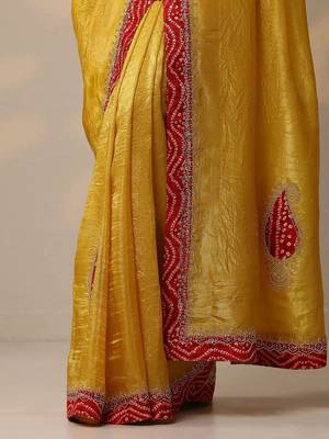 yellow embellished organza sarees with unstitched blouse piece 2
