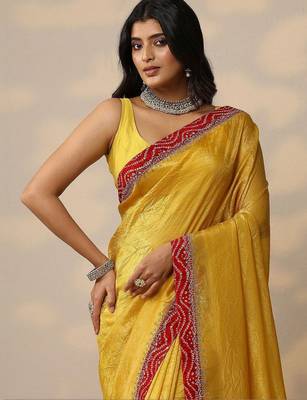 yellow embellished organza sarees with unstitched blouse piece 4