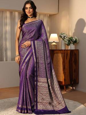 purple banarasi silk blend saree 1
