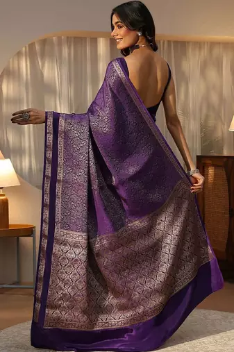 purple banarasi silk blend saree