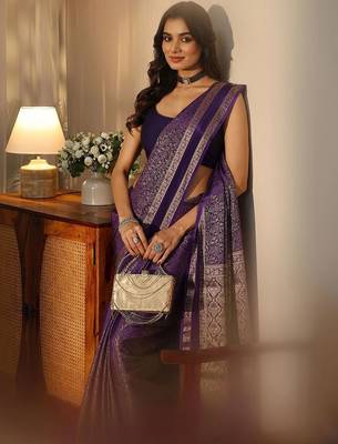 purple banarasi silk blend saree 4
