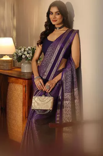 purple banarasi silk blend saree