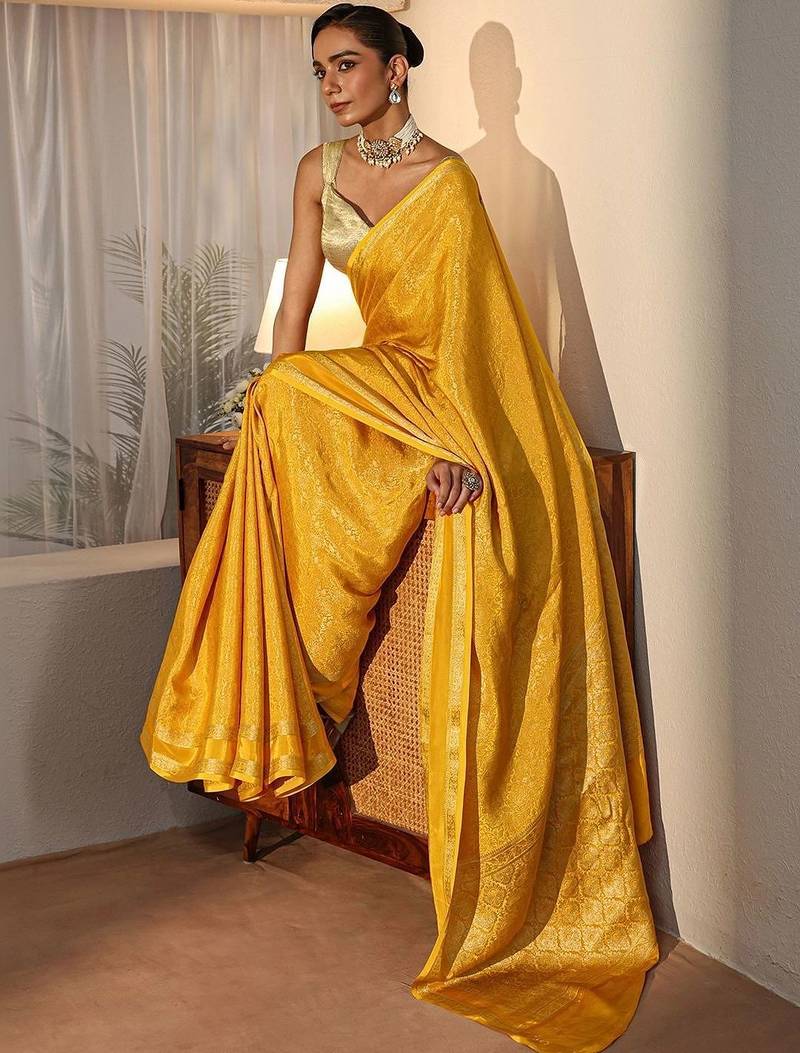 yellow banarasi silk blend saree