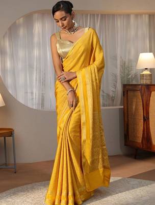 yellow banarasi silk blend saree 2