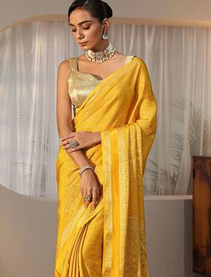 yellow banarasi silk blend saree 3