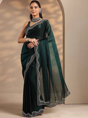 green solid saree with unstitched blouse piece 1