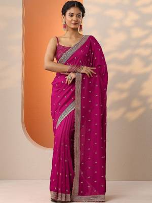 magenta embellished saree with unstitched blouse piece 1