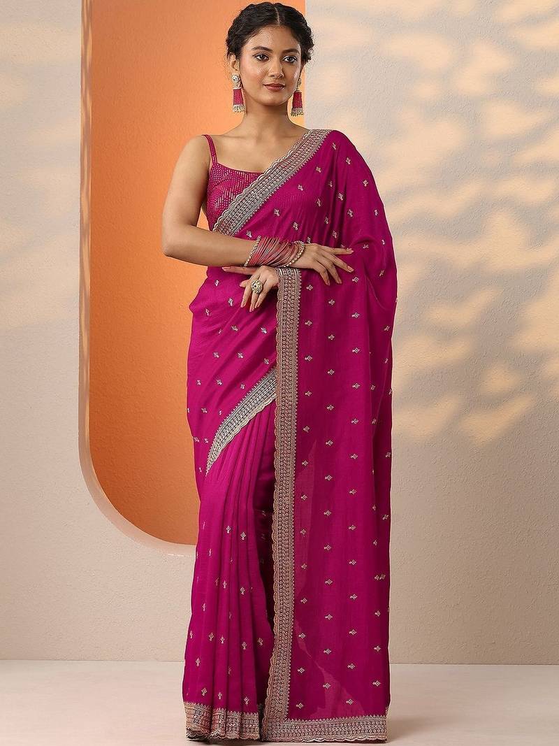magenta embellished saree with unstitched blouse piece