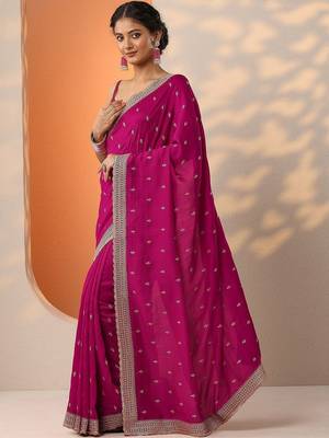 magenta embellished saree with unstitched blouse piece 3