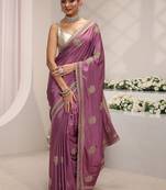 purple floral embroidered satin saree with unstitched blouse piece