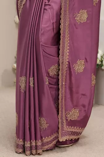 purple floral embroidered satin saree with unstitched blouse piece