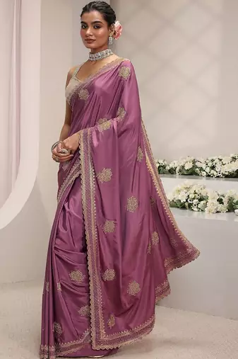 purple floral embroidered satin saree with unstitched blouse piece