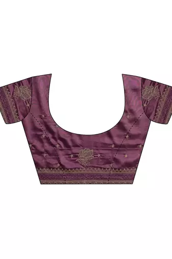 purple floral embroidered satin saree with unstitched blouse piece