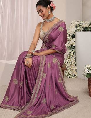 purple floral embroidered satin saree with unstitched blouse piece 5