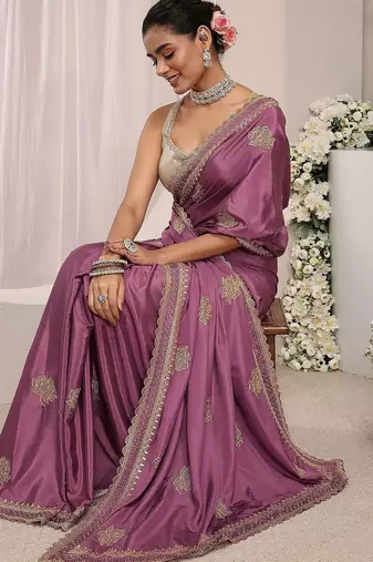 purple floral embroidered satin saree with unstitched blouse piece