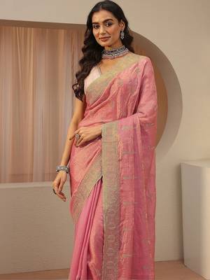 pink ethnic embellished tissue saree 2