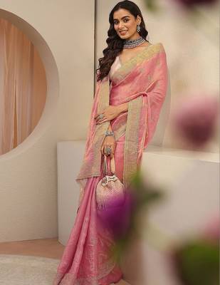 pink ethnic embellished tissue saree 4