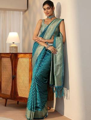 teal banarasi silk blend saree 1