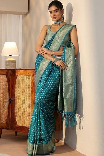 teal banarasi silk blend saree