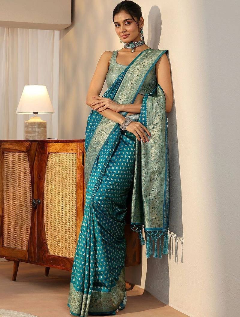 teal banarasi silk blend saree